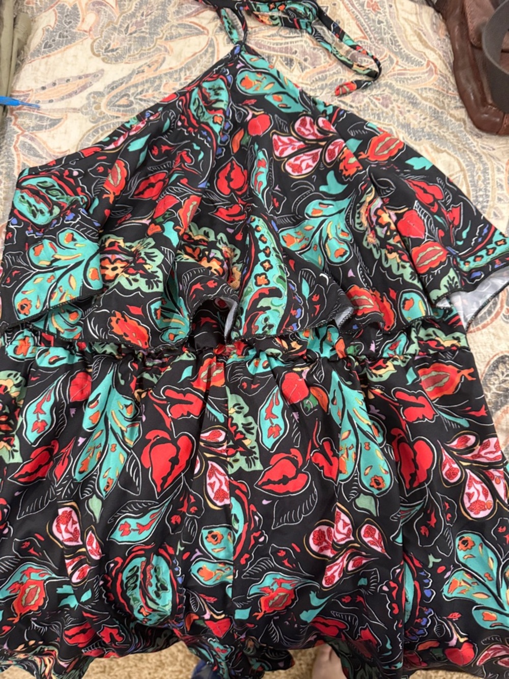 Black Floral Halter Romper with Red and Teal Print XL